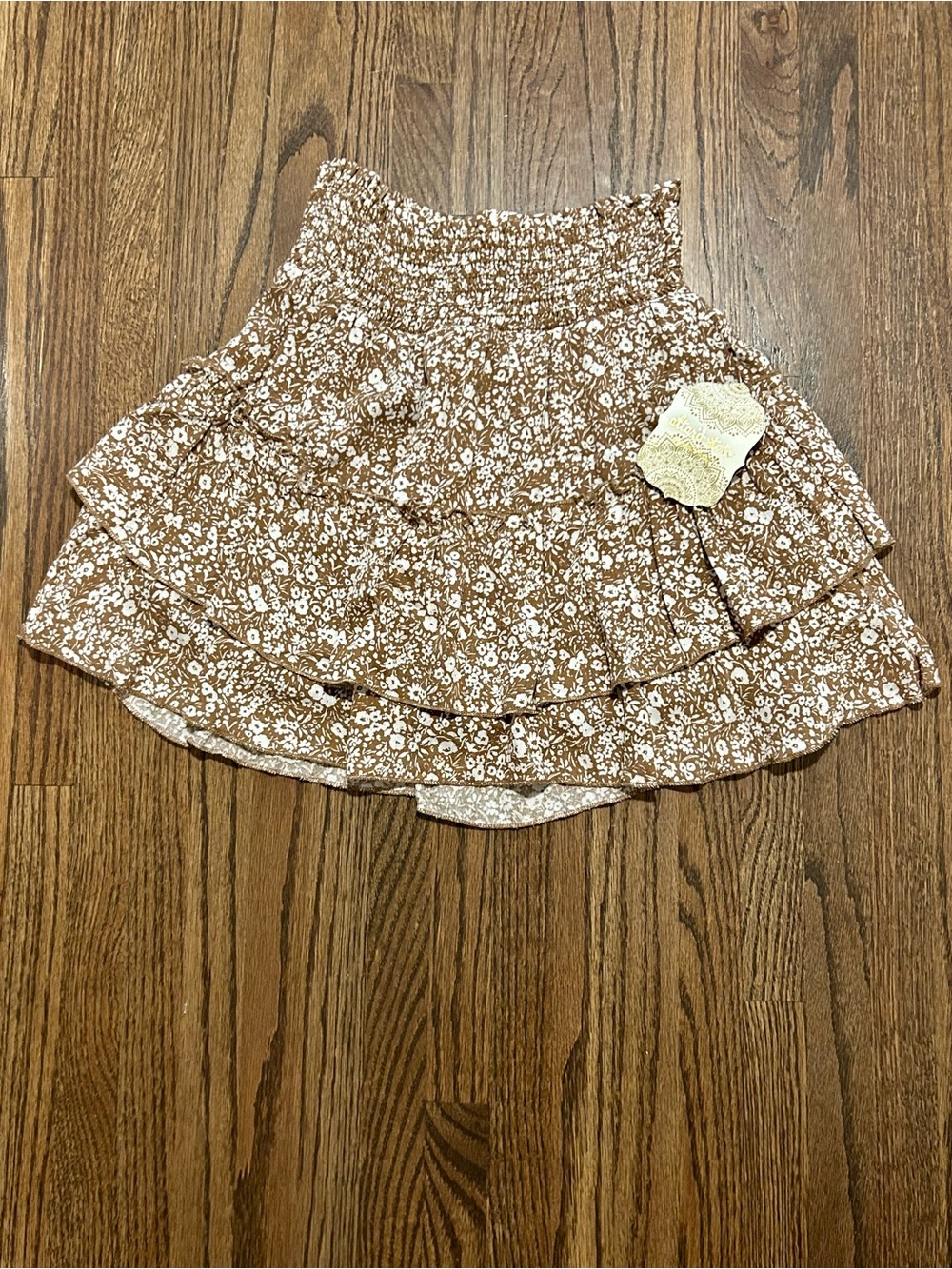 NWT Altar’d State Floral Tiered Ruffle Mini Skirt XS Brown Boho Lined